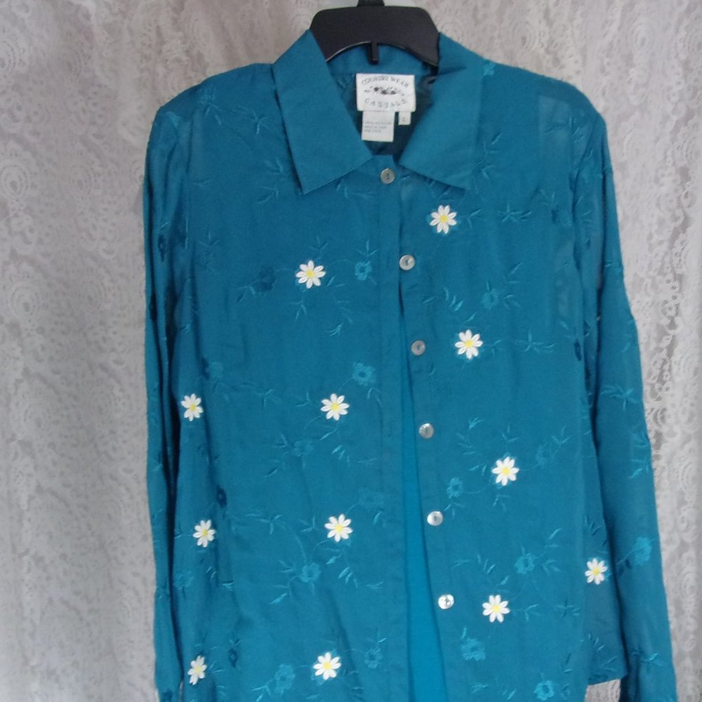 Country Casual Wear Sheer Jacket Over Maxi  Dress Daisy Accents  Size L  NWOT